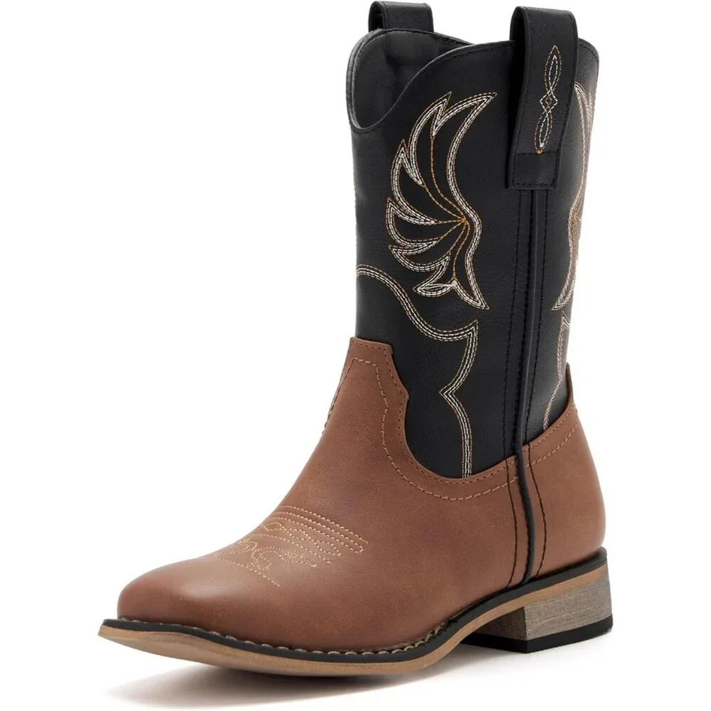 ⚡Girls Brown Black Embroidered Cowgirl Boots Western Square Toe Mid Calf